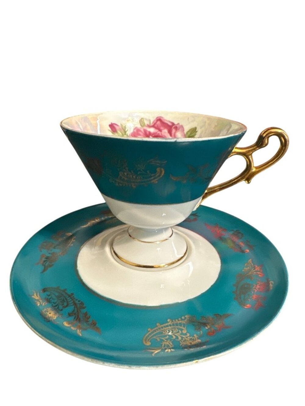Royal Haulsey Teacup And Saucer Set Teal Gold Floral Bone China - Picture 2 of 8